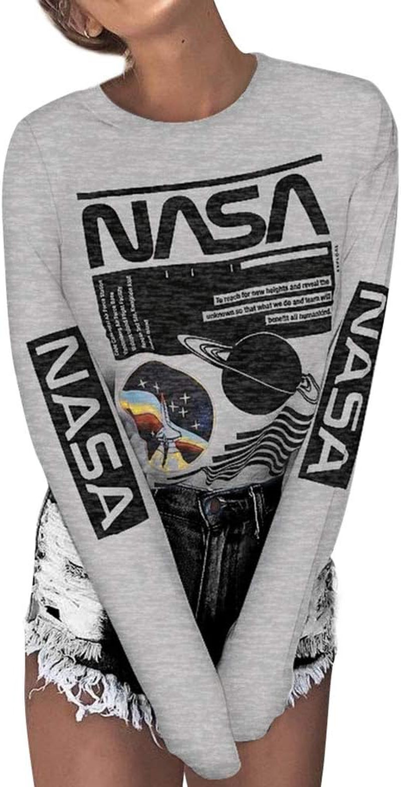 Women Long Sleeve Graphic Shirts NASA Space Letter Print Crew Neck Tee Tops Tshirt
