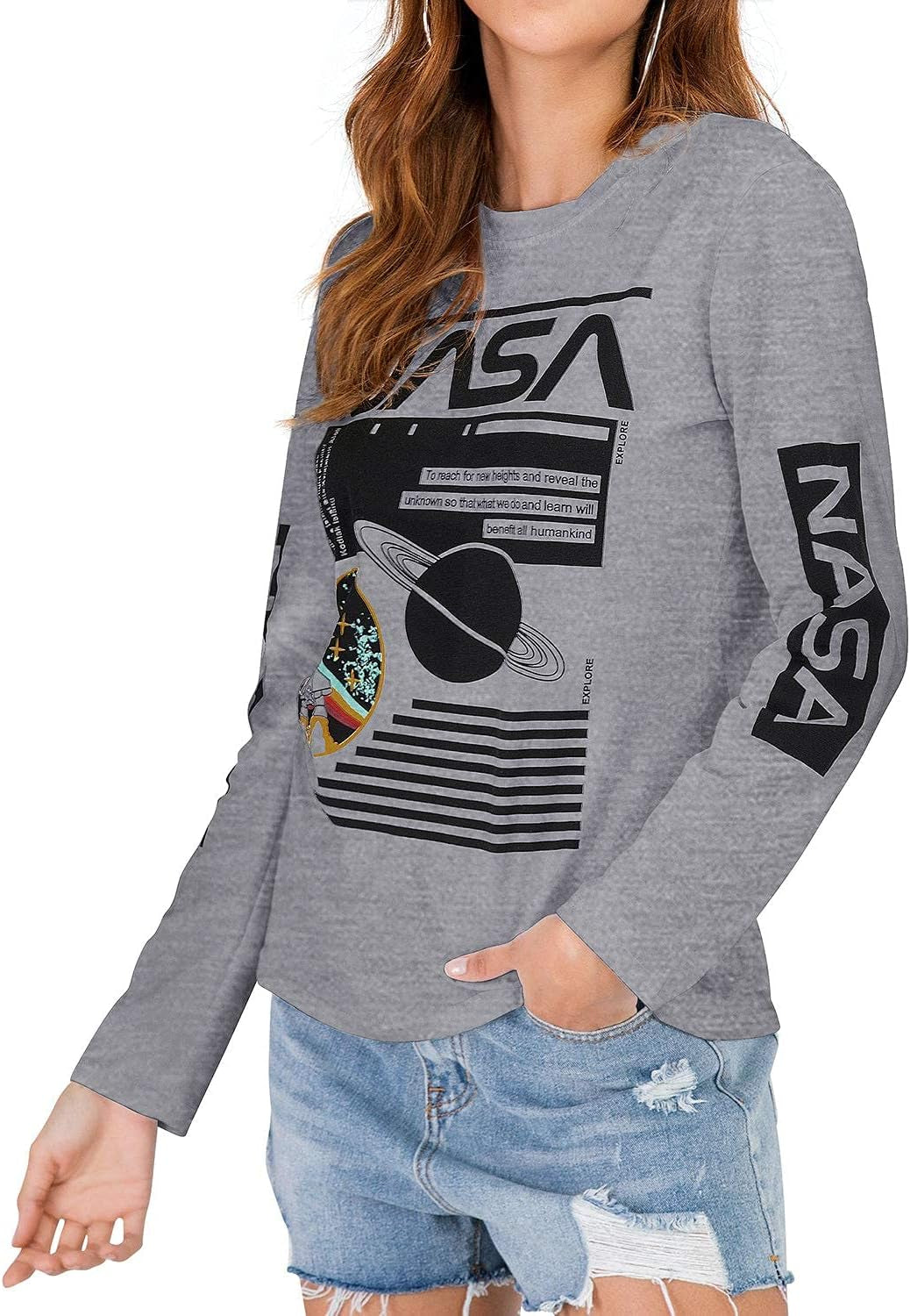 Women Long Sleeve Graphic Shirts NASA Space Letter Print Crew Neck Tee Tops Tshirt
