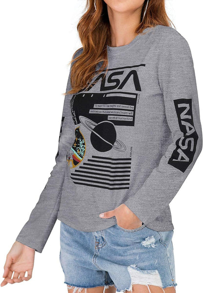 Women Long Sleeve Graphic Shirts NASA Space Letter Print Crew Neck Tee Tops Tshirt