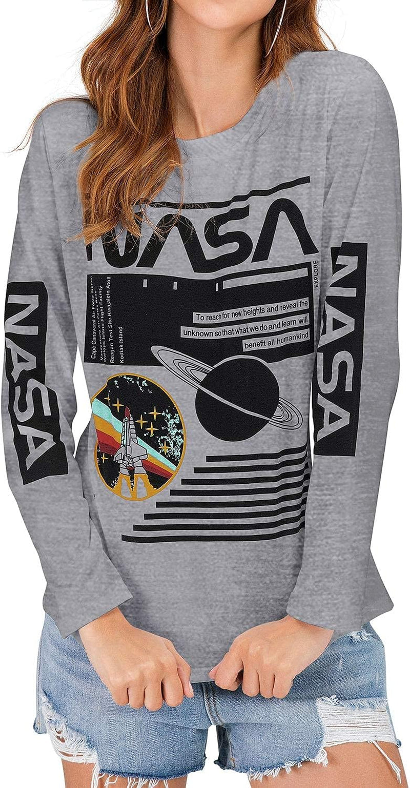 Women Long Sleeve Graphic Shirts NASA Space Letter Print Crew Neck Tee Tops Tshirt